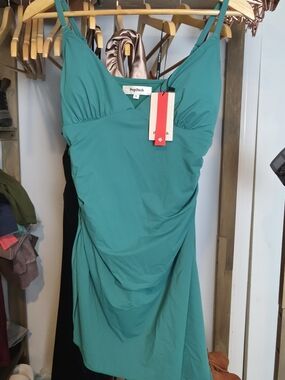 Teal V-Neck Ruched Spaghetti Strap Swimsuit Dress